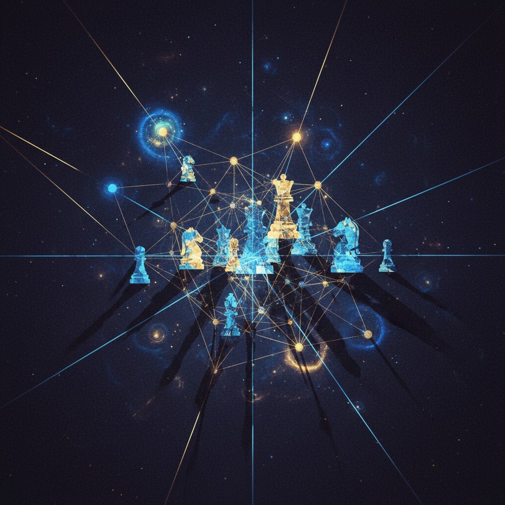 Chess pieces are connected by a glowing digital network against a dark, starry background.